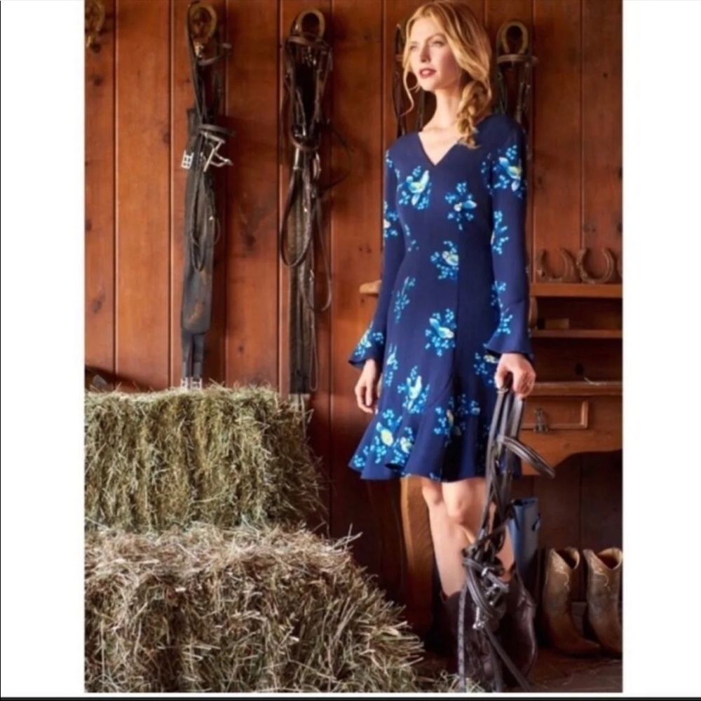 Draper James magnolia mockingbird blue flare bell sleeve v neck‎ dress